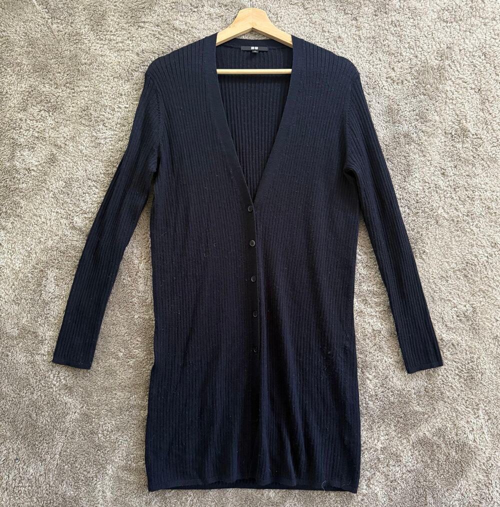 Uniqlo L Large Wool Navy Blue Ribbed Long Cardigan Sweater Buttons Longline